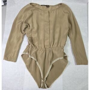 Vintage 90s 100% Silk Bodysuit Tan Beige Lace Trim Long Sleeve Size M Hong Kong